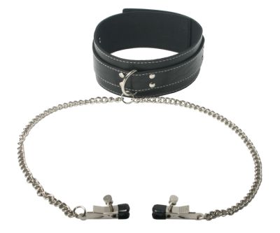 Strict Leather Collar with Nipple Clamps