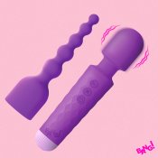Silicone Vibrating Wand & Anal Beads Attachment - Purple