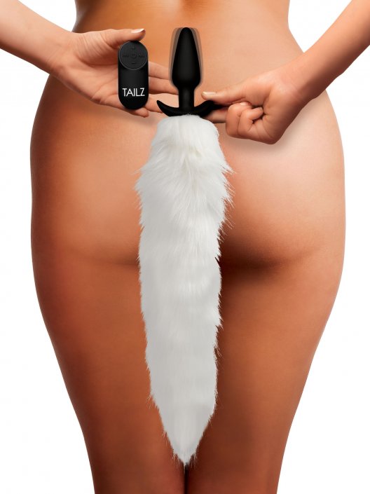 Vibrating White Fox Tail Slender Anal Plug: Sex Toy Distributing