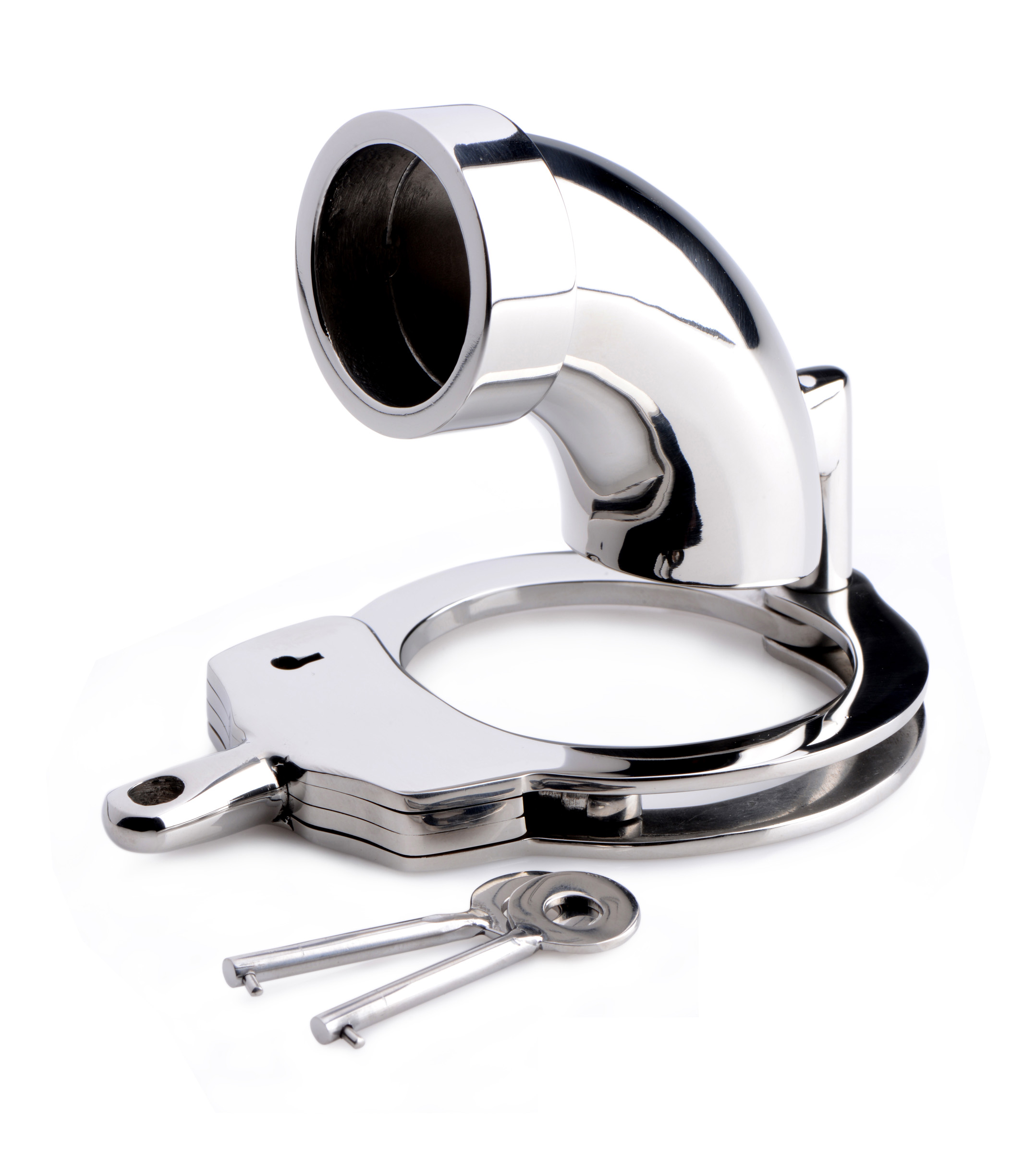 CockCuff stainless steel handcuff-style chastity device product view - BDSM Authority